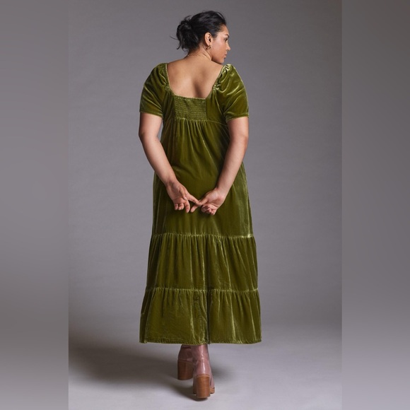 By Anthropologie Velvet Empire Waist Midi Dress - Moss Green - Size 16W - NWT - Picture 2 of 16